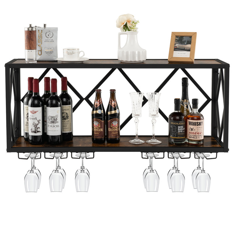 17 Stories Sabrine 39 Bottle Wall Mounted Wine Bottle Glass Rack in Black Brown Reviews Wayfair